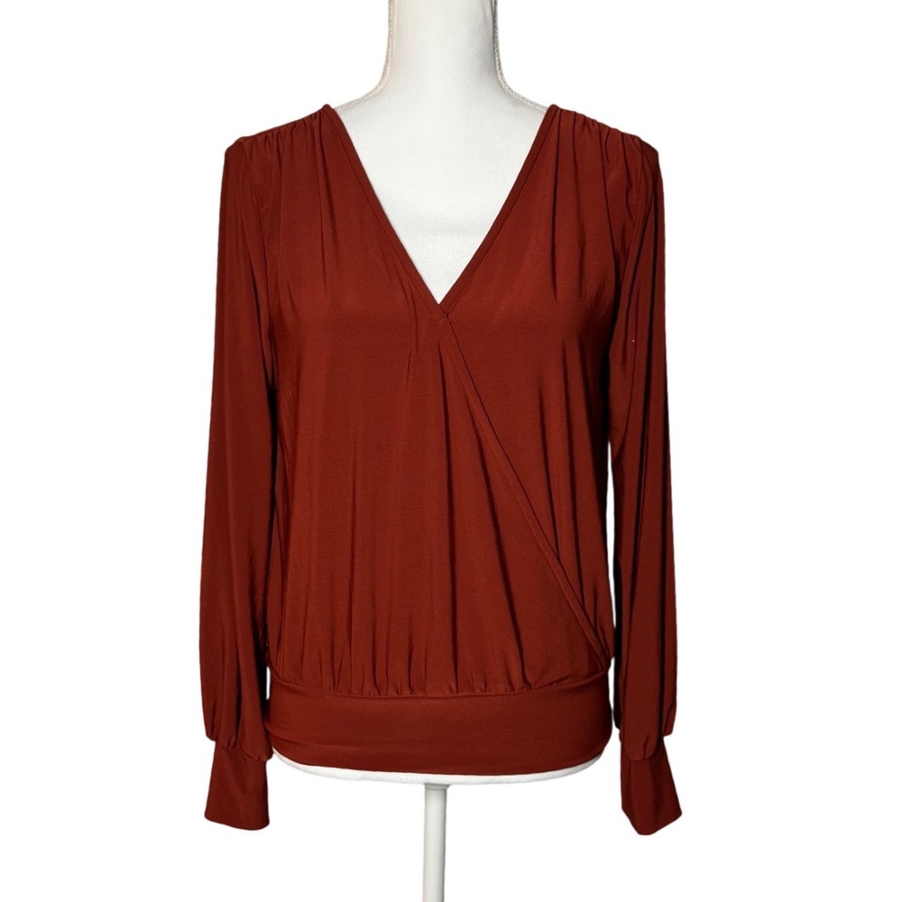 Janet Chung Wrap Front Blouse M Rust Red Excellent Lace Back Strappy
